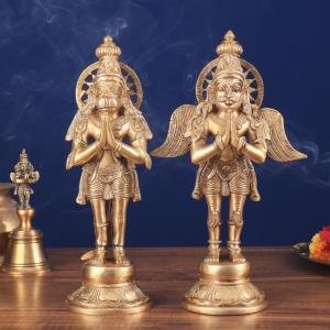 Brass Standing Hanuman and Garuda Divine Pair | 12" x 7" x 3.5" (30.5 x 17.8 x 8.9 cm) Each | 6 kg Total Sacred Art | Protection Duo